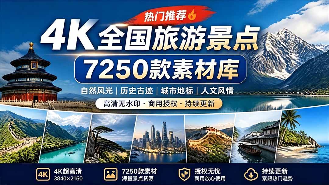 (7.13)热门全国旅游风景素材！4K全国旅游景点素材库，7250款素材，旅行达人城市航拍风景风光高清短视频